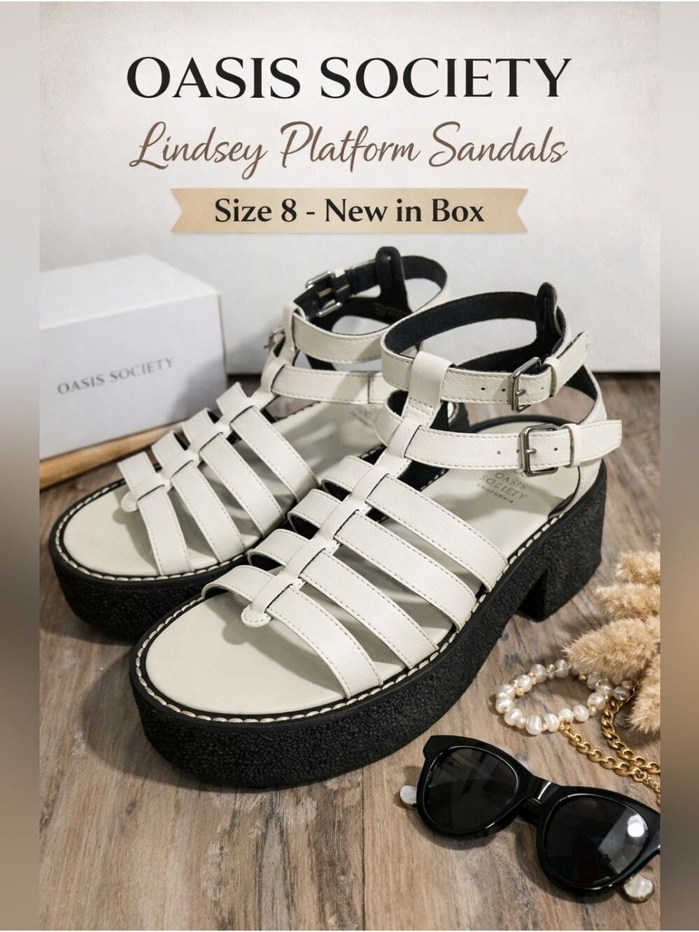OASIS SOCIETY Lindsey Platform Gladiator Style White Sandal Size 8 New In Box